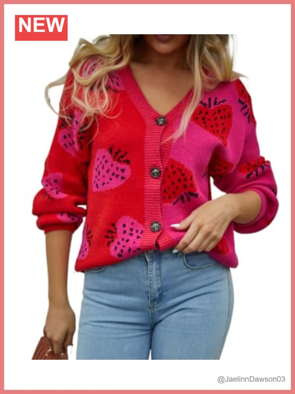 Women's V-Neck Button Down Knit Cardigan Strawberry Graphic